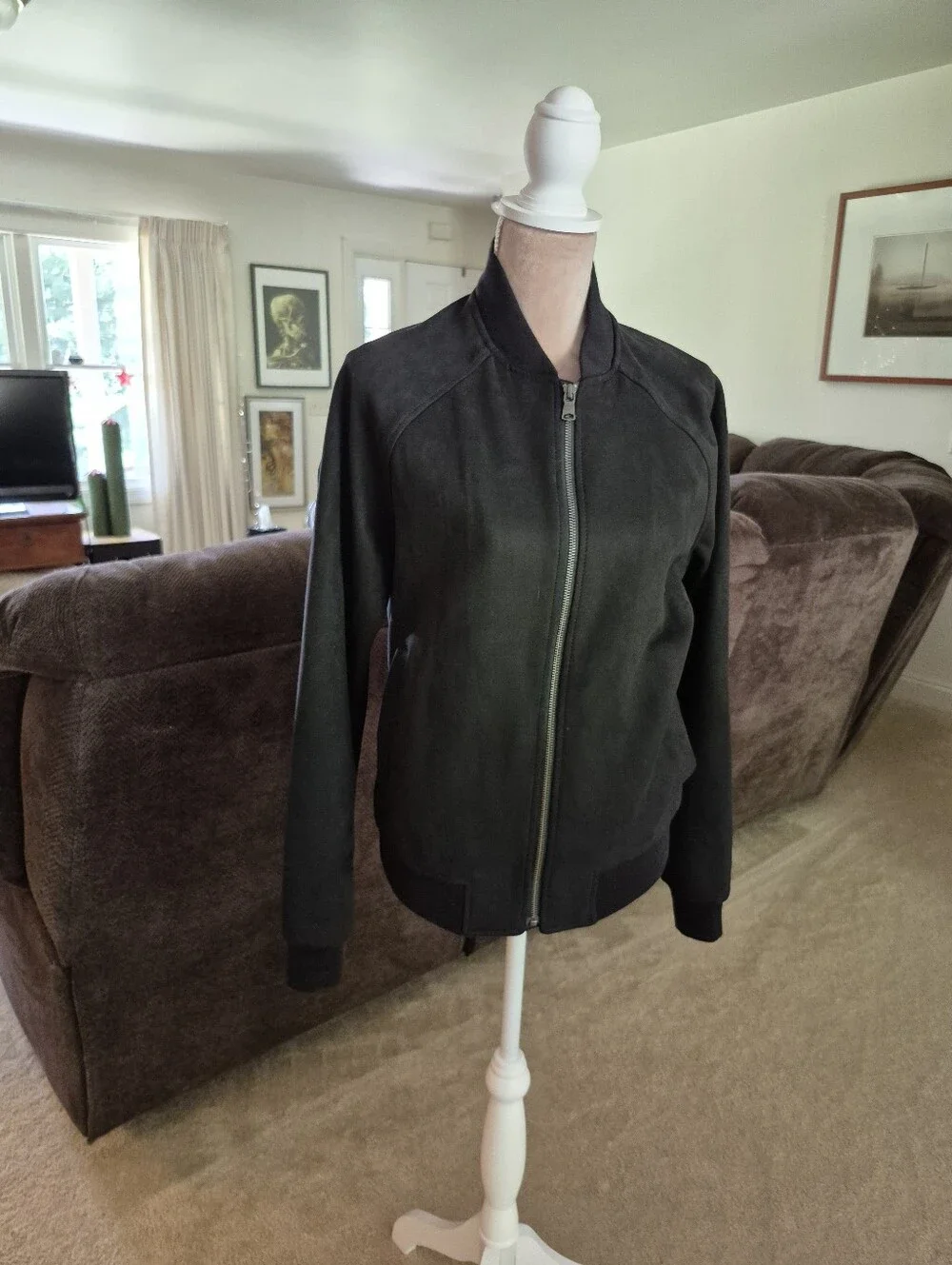 Banana Republic Mens Black Zip-Front Bomber Jacket Size Dmall, Suede Like